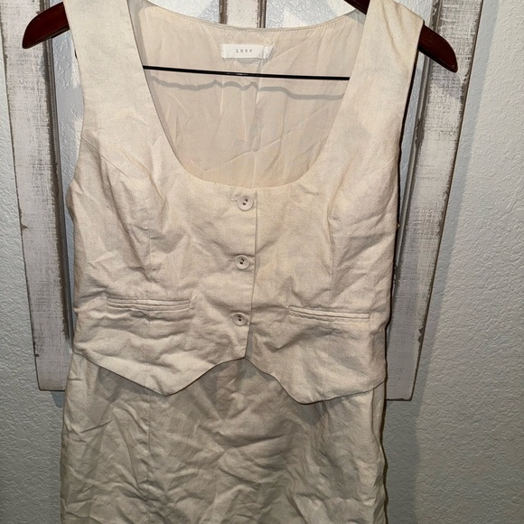 Lush Linen Blend Ivory Tuxedo Inspired Vest Mini Dress with Tie Back Size Large - Picture 2 of 6